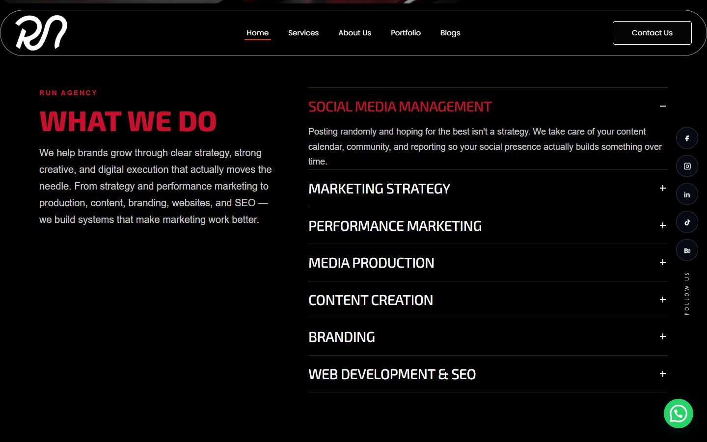 RUN Agency website, services accordion section