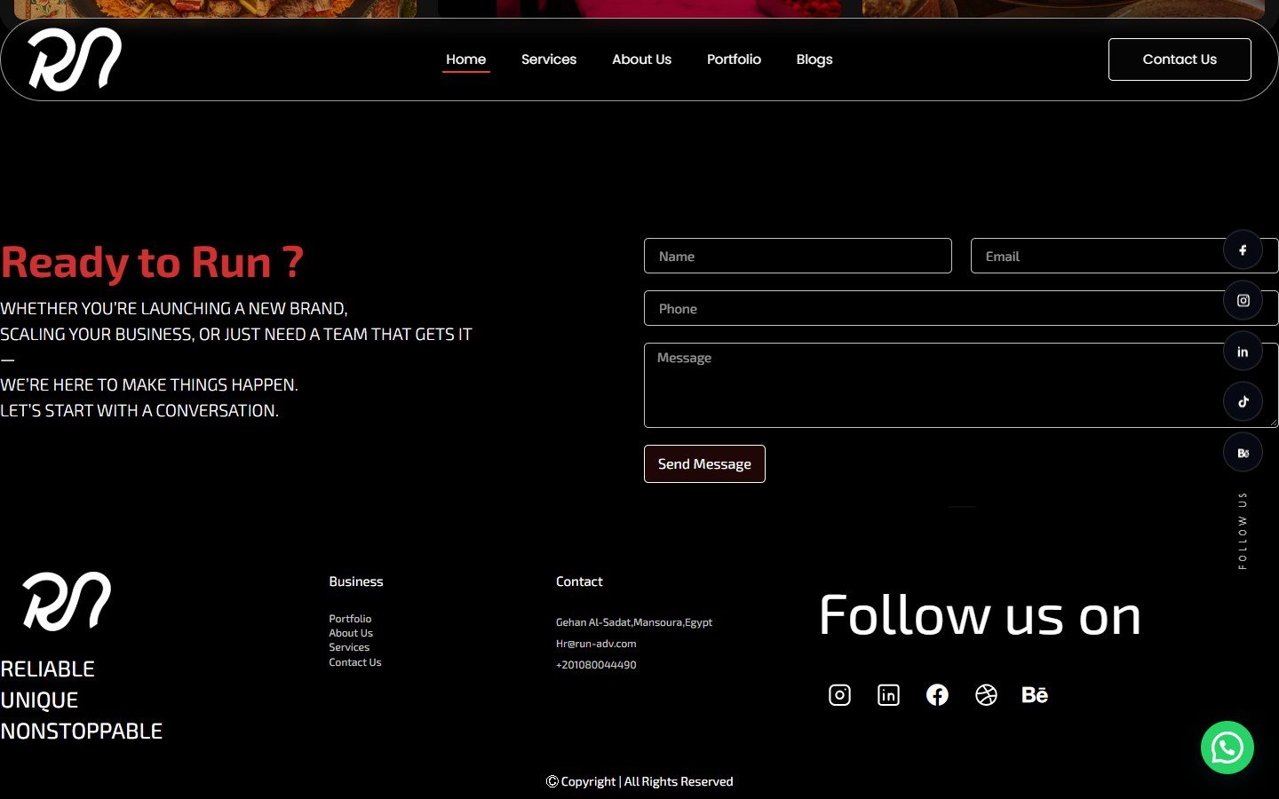 RUN Agency website, contact footer section